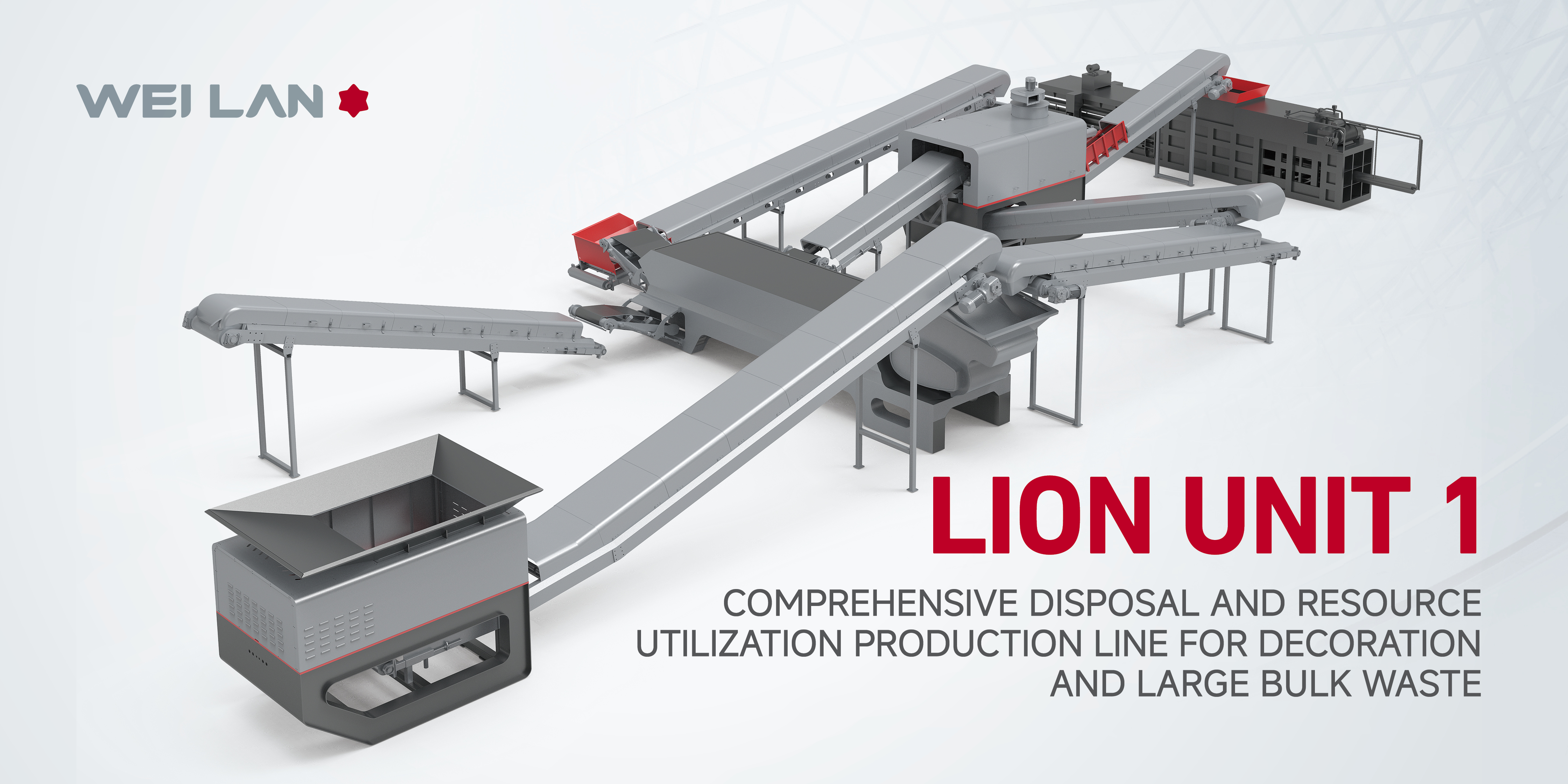 Construction and bulky waste processing workflow with crushing, screening, magnetic separation, and air separation